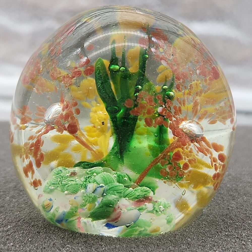 Paperweight Vintage Round Floal Stalks Bubble Art Glass Sphere Seabed Motif